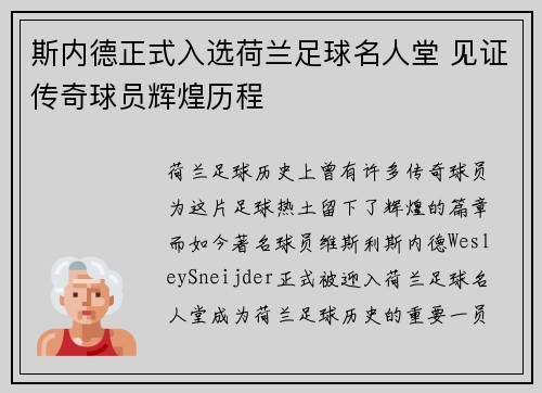 斯内德正式入选荷兰足球名人堂 见证传奇球员辉煌历程